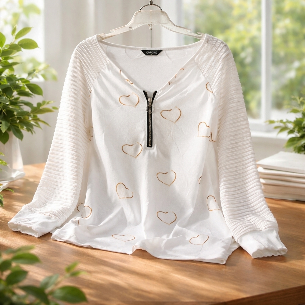 White and Gold Heart Long Sleeve Top V Neck EXLG - Picture 2 of 8